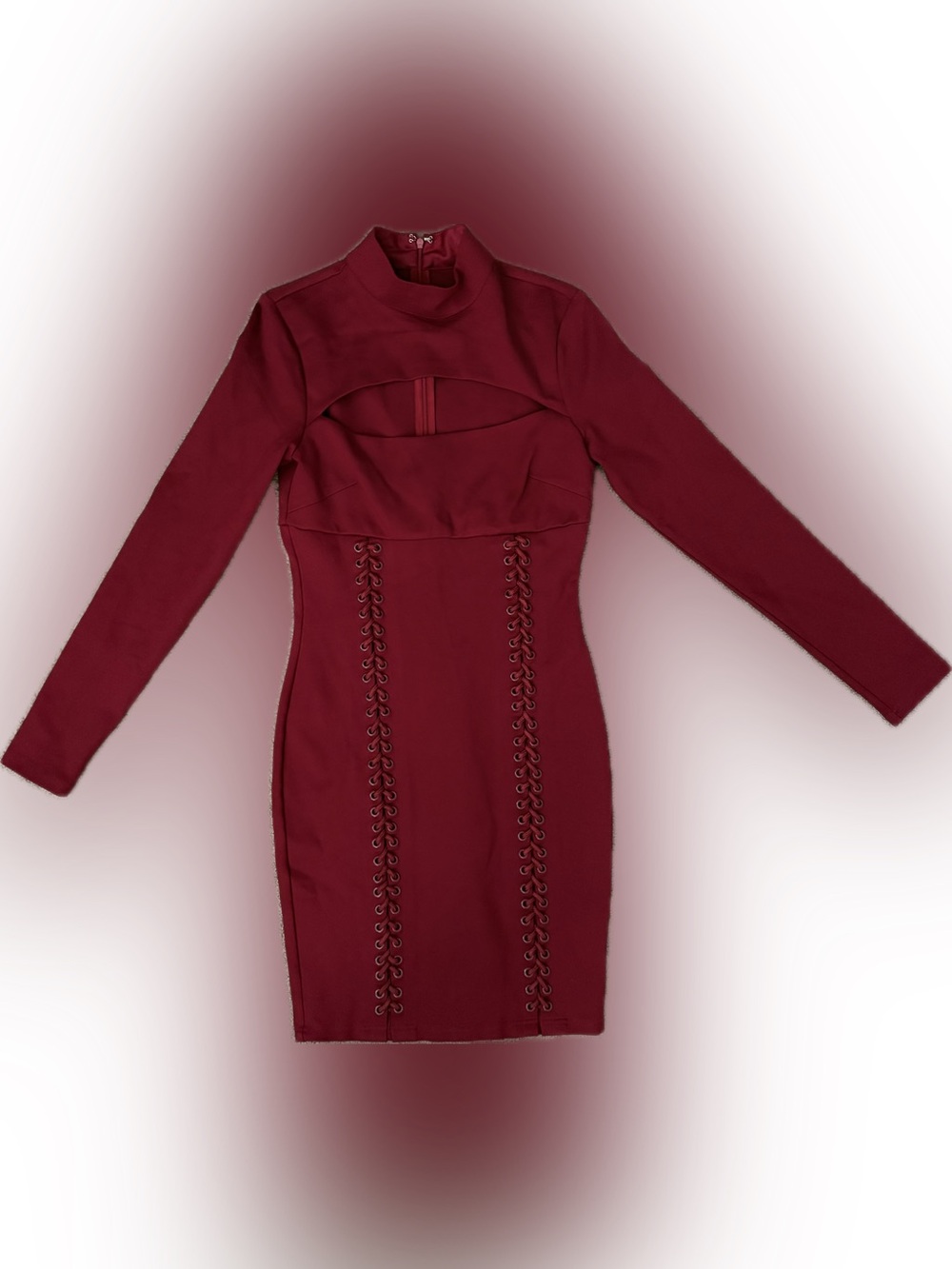 Fashion Nova Burgundy Long-Sleeve Cutout Lace-Up Bodycon Dress